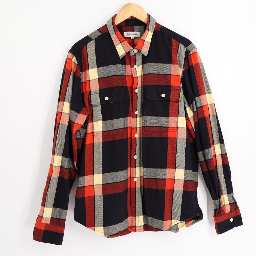Madewell Men’s Regular Fit Shirt Broken Plaid Twill Sz L Blue Red Cabin Fall